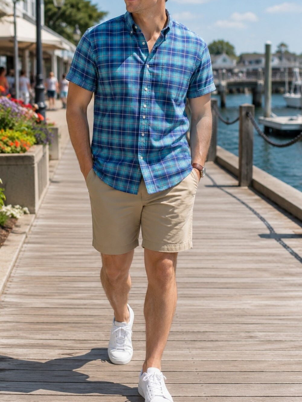 GAP Blue Teal Plaid Cotton Blend Short Sleeve Button-Down Shirt Men's Casual